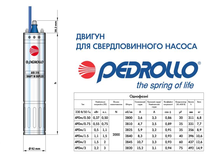 Електродвигун для свердловинного насосу Pedrollo 4PD/0.50 купити в інтернет-магазині «НасосВДом» Київ Україна