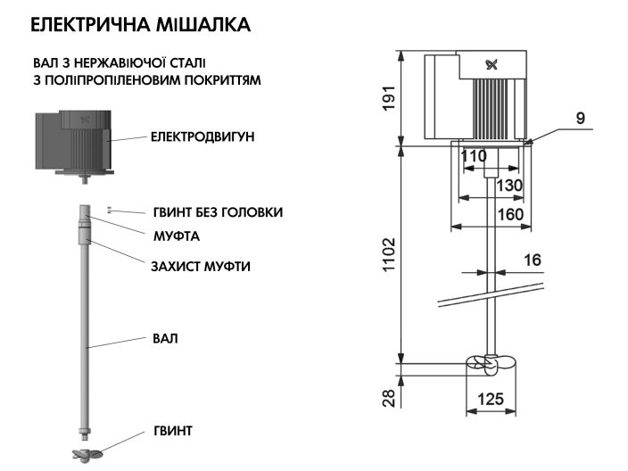 Электрическая мешалка PP E/X 1100-125 Grundfos для бака 500 л 98165436 купить в интернет-магазине «НасосВДом» Киев Украина