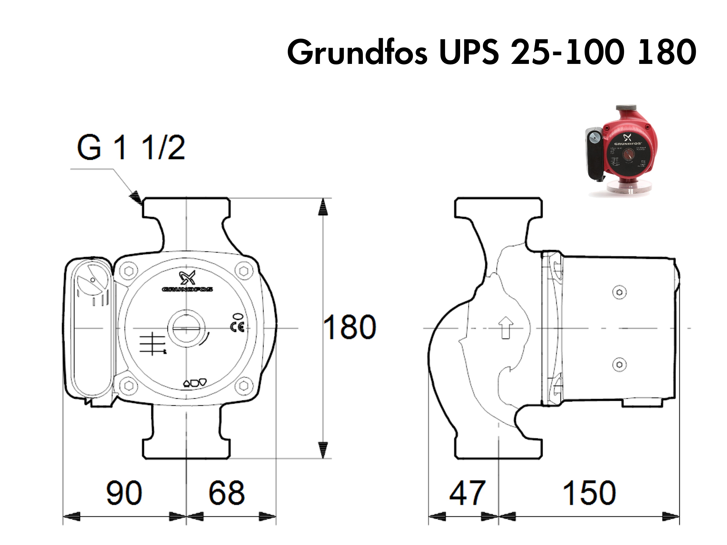  Габаритний креслення насос а Grundfos UPS 25-100 180 