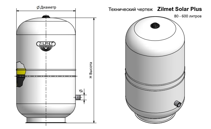 Технический чертеж расширительного бака Zilmet Solar Plus 80 - 600 л.